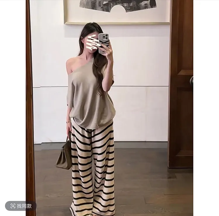 2025夏季设计感宽松露肩短袖上衣高腰显瘦条纹阔腿长裤套装2543