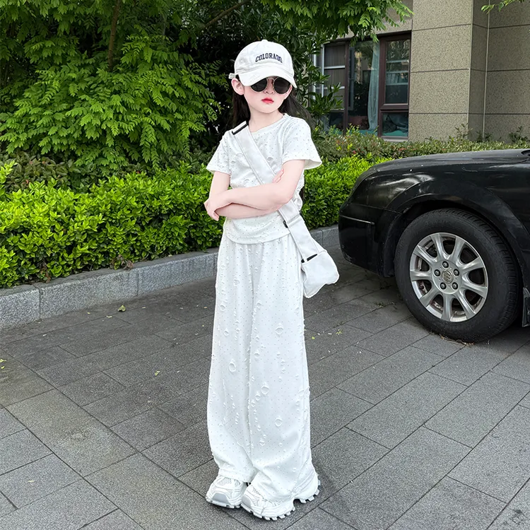女童夏季阔腿裤套装2025新款儿童洋气个性韩系薄款中大童短袖夏装