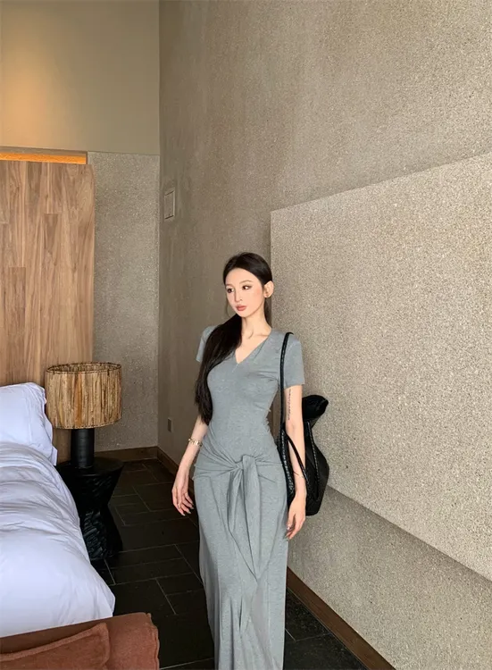 超辣复古气质修身显瘦短袖连衣长裙配腰带#22729