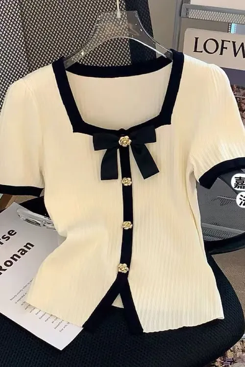 C[601~800]毛针织衫蝴蝶结设计感气质方领洋气短款别致短袖夏季