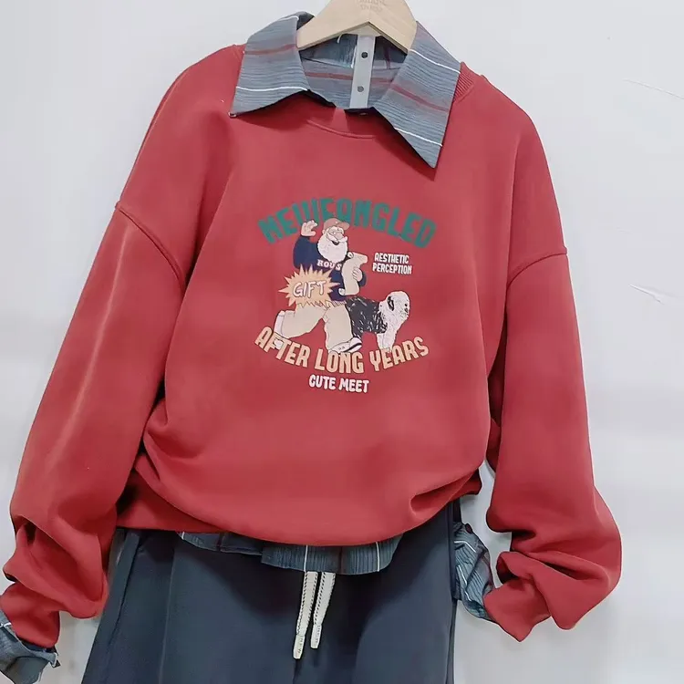 25年韩版休闲酒红色圆领卡通印花卫衣百搭宽松加绒加厚套头衫