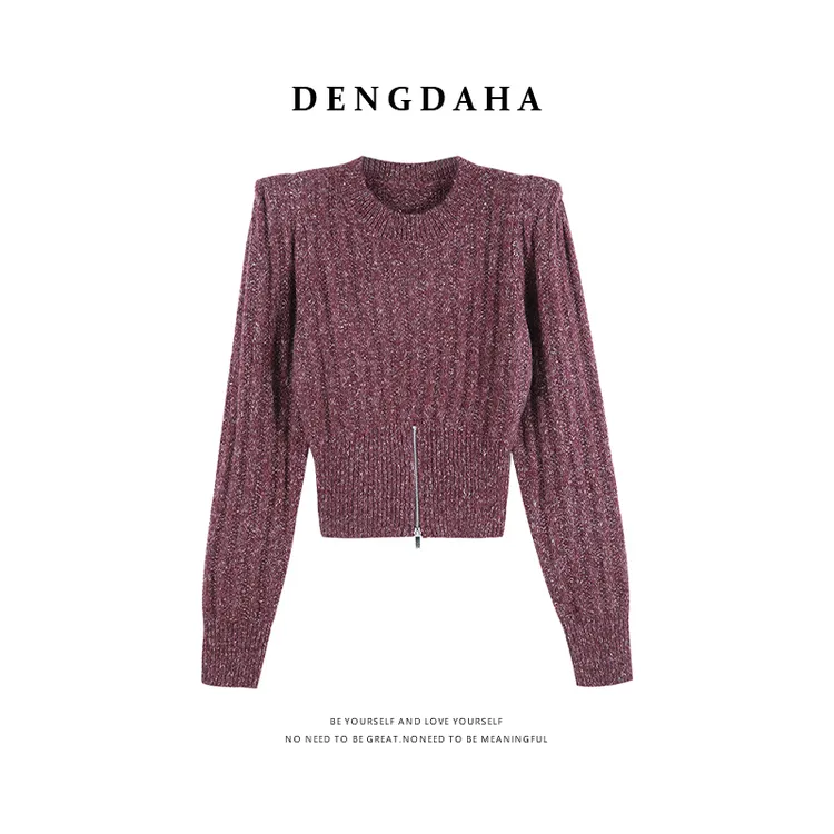 DENGDAHA「从容时刻」复古法式风 拉链收腰垫肩针织衫HBZX918094
