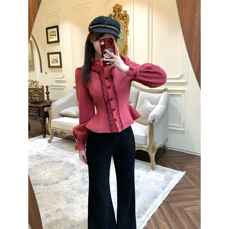 现货一生罗曼【雾野山茶】法式秋冬显瘦收腰显白衬衫上衣外套Y5850