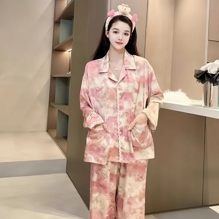 2025年新中式国风水墨印花冰丝睡衣女春秋季时尚套装可外穿家居服