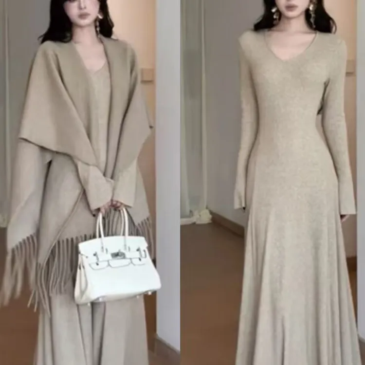 惠存家 【法式名媛】新款胖mm针织v领连衣裙➕披肩套装 