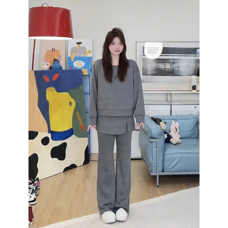 晶咕【街头范！】冬季极简圆领加绒卫衣+假两件屁帘高腰休闲裤