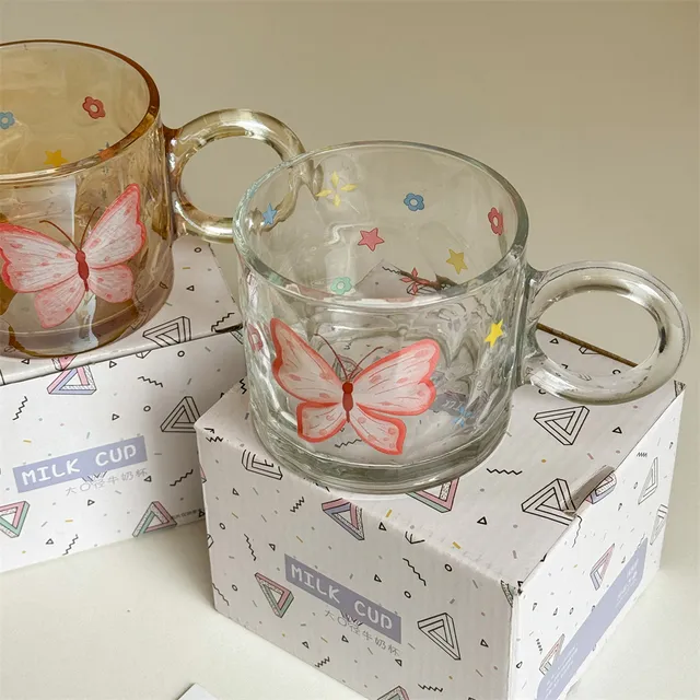 仙女蝴蝶|少女心透明大耳朵把手玻璃杯高颜值喝水杯子家用早餐杯
