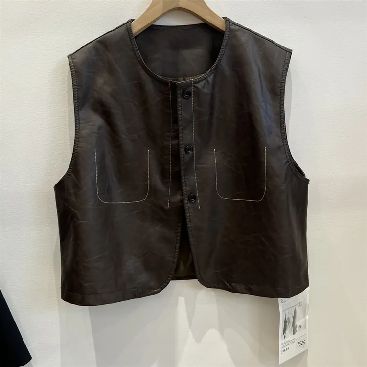 欧货洋气明线单排扣圆领pu皮衣马甲外套女春秋季短款无袖马夹背心