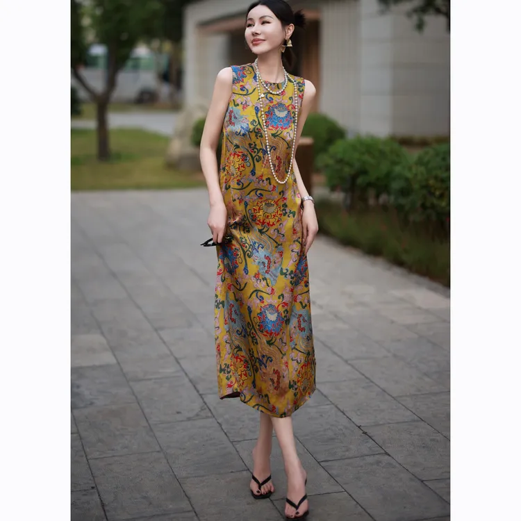 ZEROYK夏季连衣裙贵气新中式人丝印花圆领开叉中长款裙子