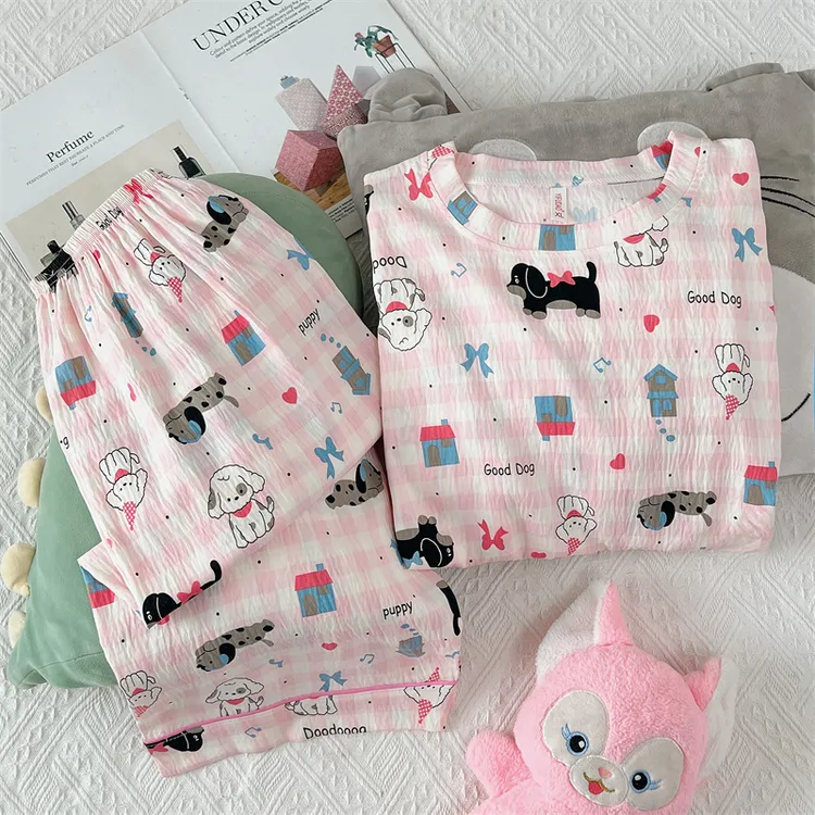 新款夏季云朵棉套装睡衣女短袖宽松大码薄款七分裤休闲家居服套装