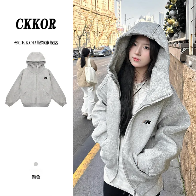 CKKOR美式复古街头风时尚潮牌宽松高领连帽卫衣女高街慵懒风外套