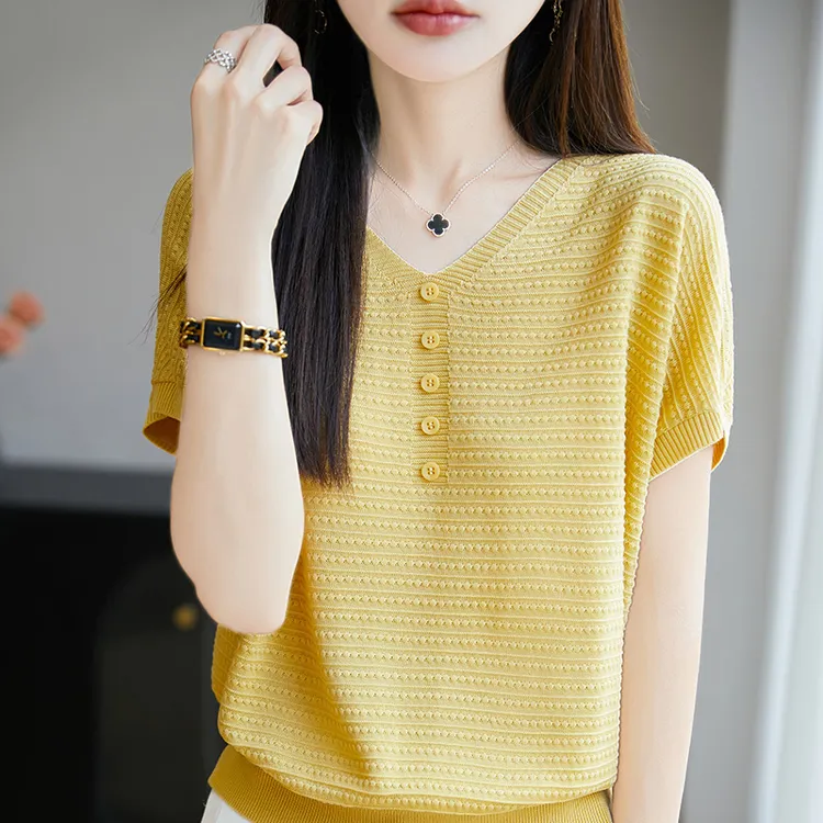 哥弟阿玛施正品夏季新款莱赛尔天丝V领短袖女针织衫宽松显瘦上衣