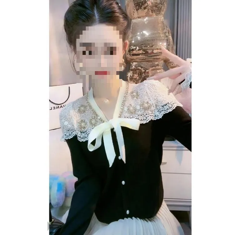 设计感重工镶钻蕾丝拼接系带蝴蝶结针织开衫上衣女秋冬毛衣小外套