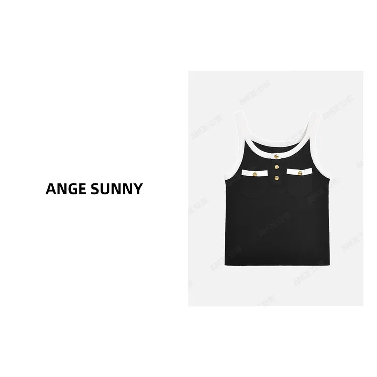 ANGE SUNNY【凯旋门金扣吊带背心】黑白撞色无袖针织百搭上衣