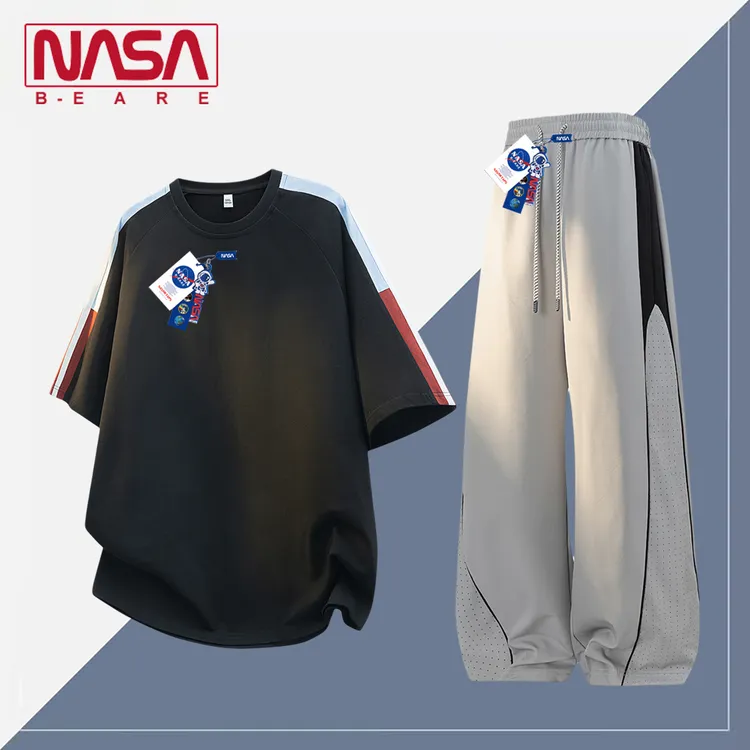 NASA联名美式撞色短袖男夏季冰丝速干T恤透气长裤户外运动一整套