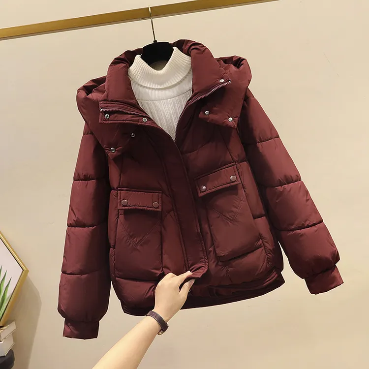 2025年冬时尚潮流爆新款加厚保暖棉服女休闲百搭立领连帽棉袄外套