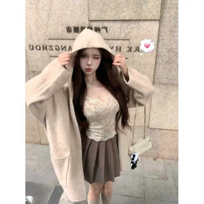 温柔慵懒风杏色连帽毛衣外套女装秋季软糯针织开衫宽松中长款上衣