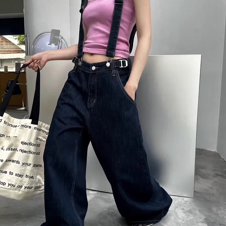 韩国东大门代ins购网好 显瘦高腰深蓝色背带裤阔腿牛仔裤春夏新款