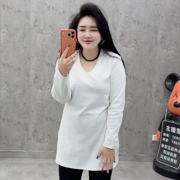 欧货V领正肩中长款T恤显瘦时尚百搭减龄打底衫