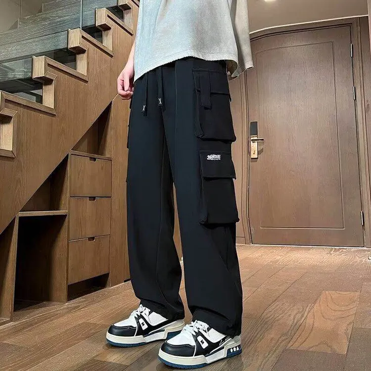 WSYYQIUYI2025春季休闲工装裤男潮牌宽松直筒大口袋运动阔腿长裤