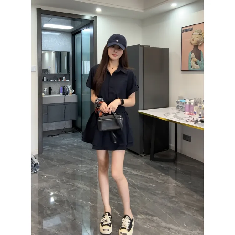 20205夏季新款韩系休闲套装女藏蓝色短袖衬衫+半身短裙运动两件套