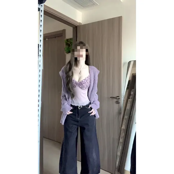 温柔风紫色设计感褶皱花边吊带2025秋冬新款针织开衫上衣裤子套装