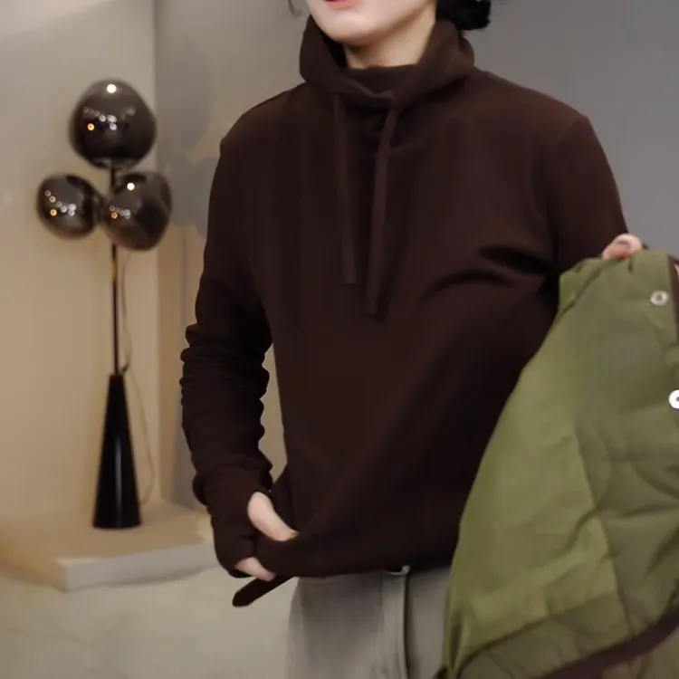 【现货➕运费险】纯色简约半高领抽绳长袖T恤女显瘦时尚百搭套头上衣