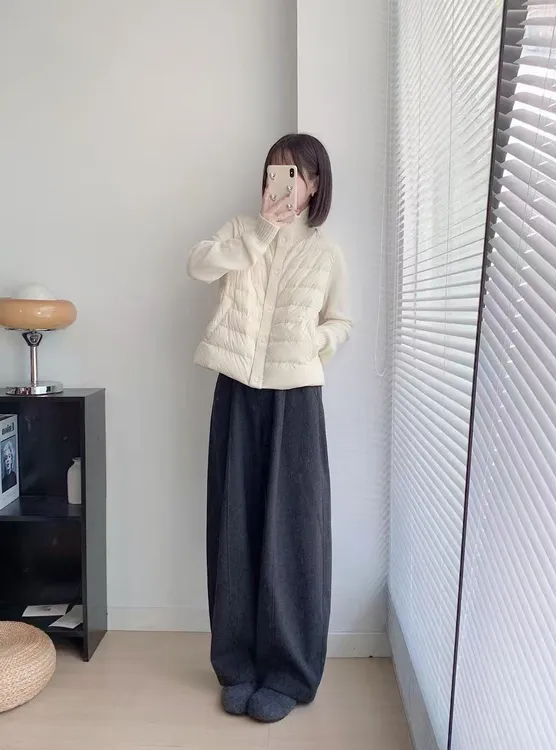 2025秋冬新款韩系针织拼接立领白色棉服外套外套百搭阔腿裤两件套