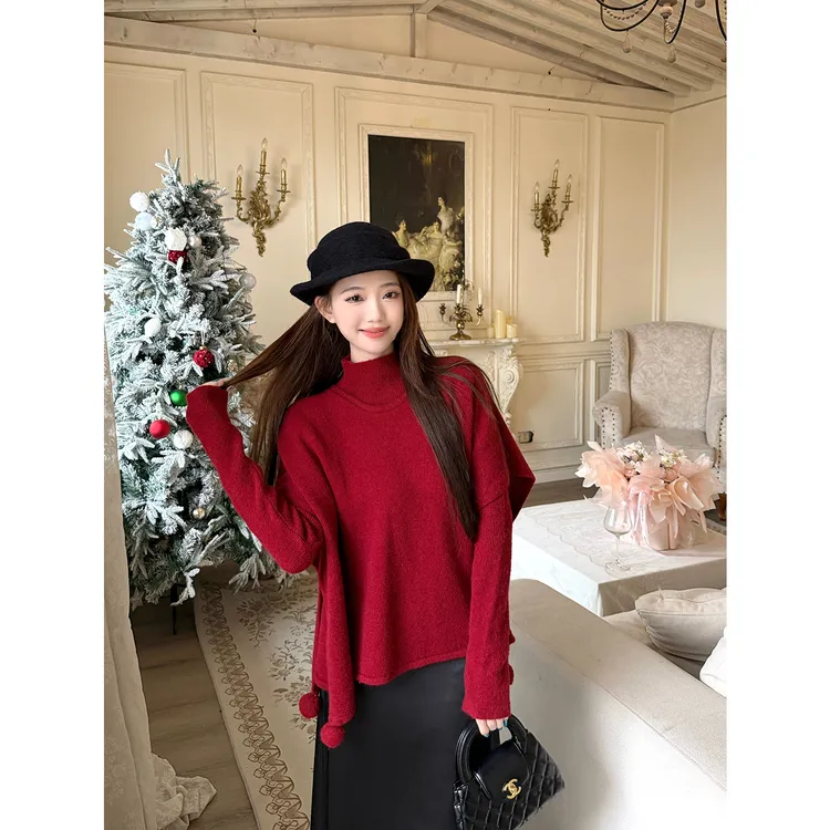 圣诞穿搭复古红色斗篷披肩上衣女冬季氛围感套装高领针织衫两件套
