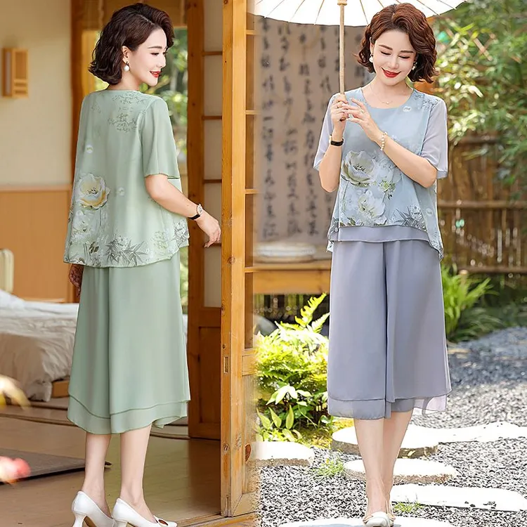套装高档妈妈夏装洋气新中式新款中老年女装短袖雪纺衫两件套裤子