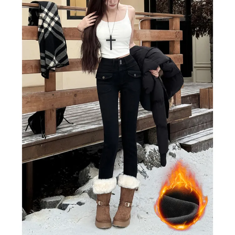 弹力加绒小脚牛仔裤女秋冬2025年新款高腰排扣显瘦紧身百搭铅笔