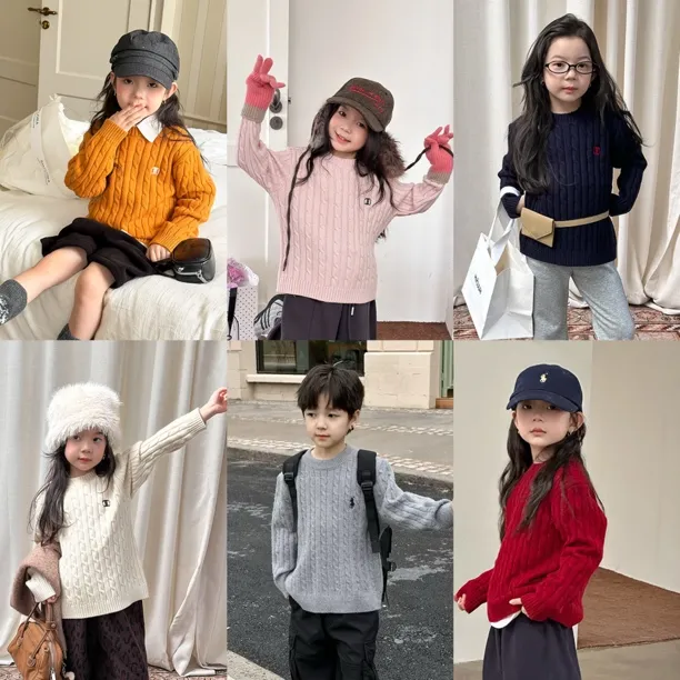 【小梨涡】女童冬季氛围感针织上衣儿童纯色百搭麻花毛衣25H168