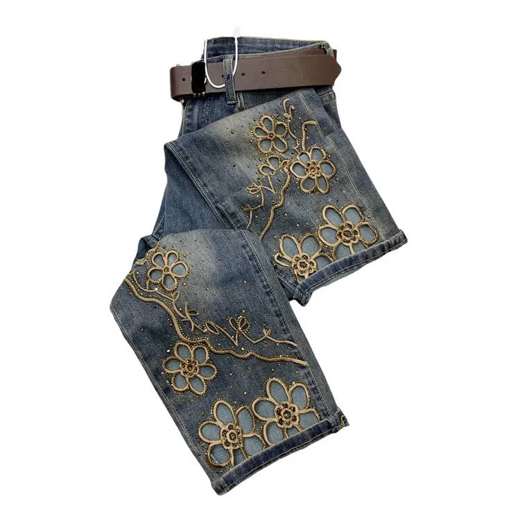 S9882夏季重工刺绣镂空设计显瘦八分烟管牛仔裤（无腰带）