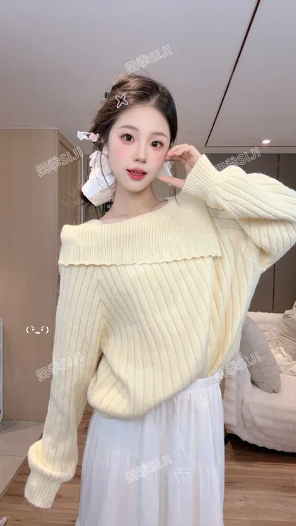 法式温柔一字肩高级感针织上衣女2025秋冬设计感气质内搭短款毛衣