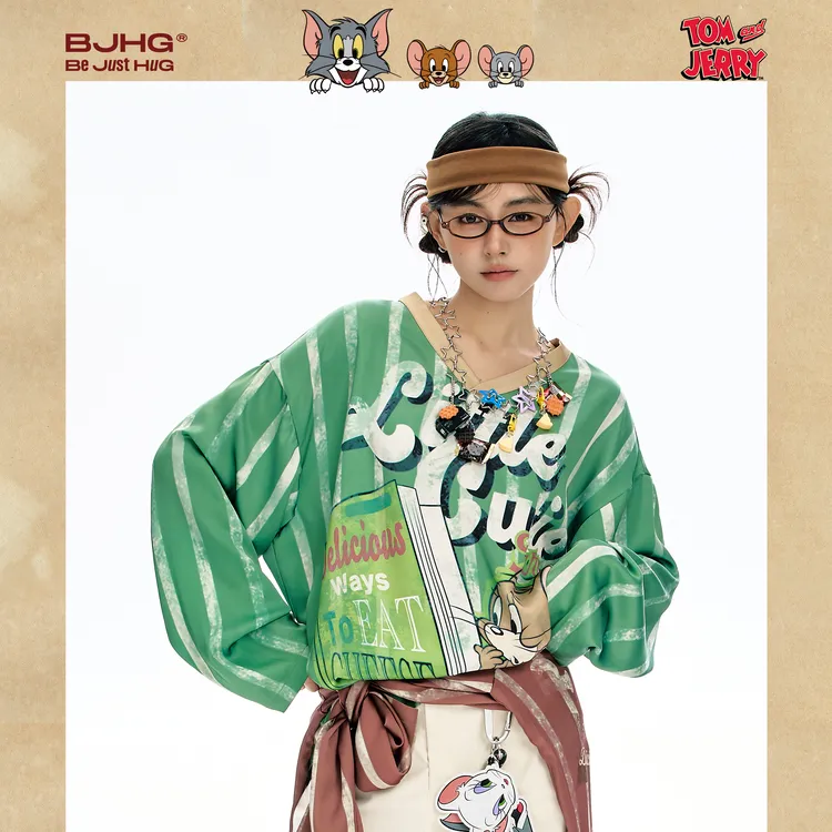 BJHG不计后果猫和老鼠联名长袖T恤男2025新款秋V领潮牌美式球衣女