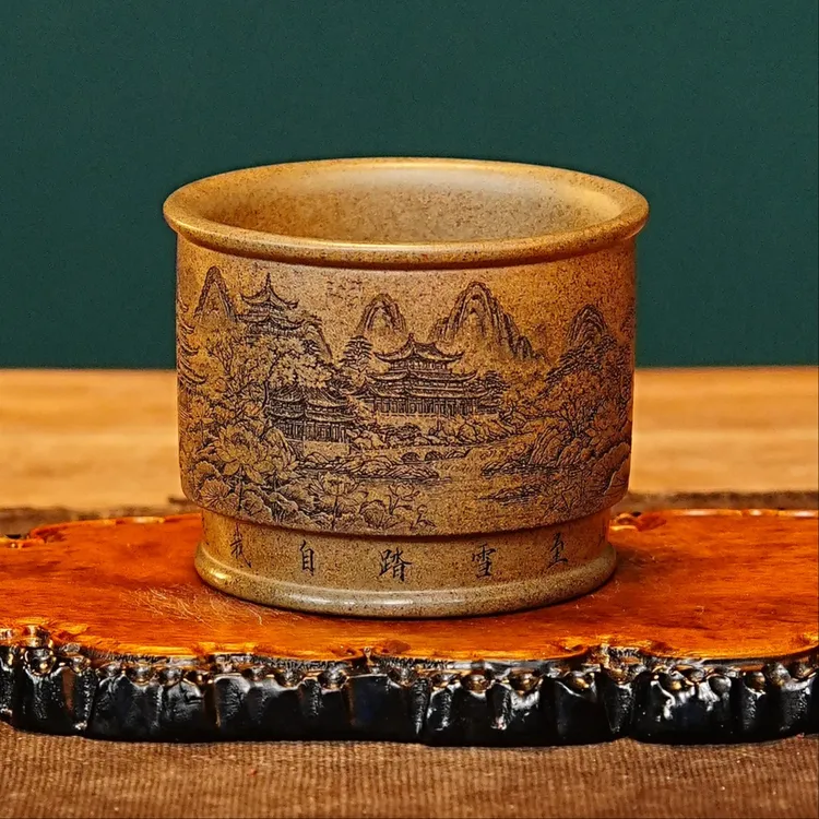 宜兴紫砂茶具  原矿龙背青泥料刻绘清幽雅居图紫砂主人杯品茗杯