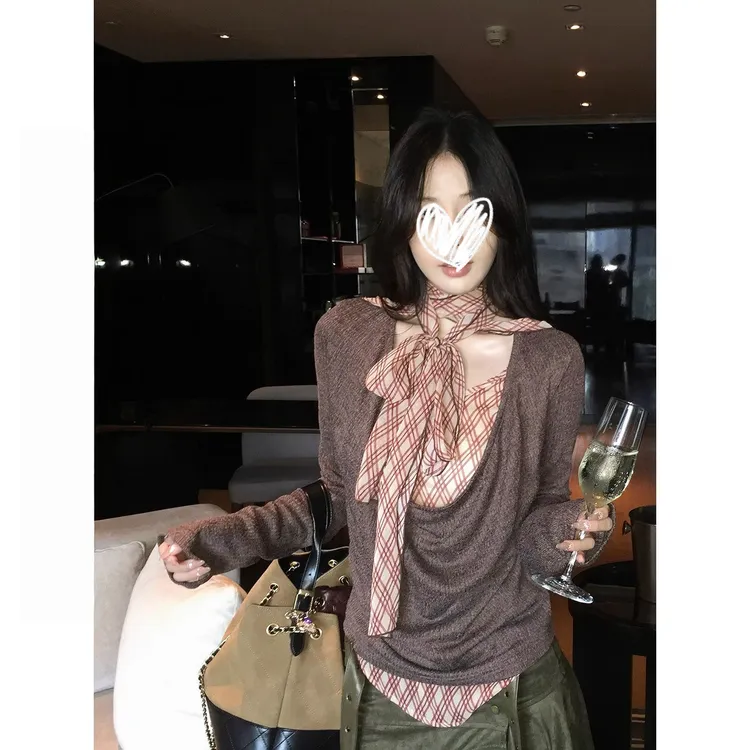 韩系拼接系带格纹荡领假两件t恤女打底衫上衣秋季新款设计感