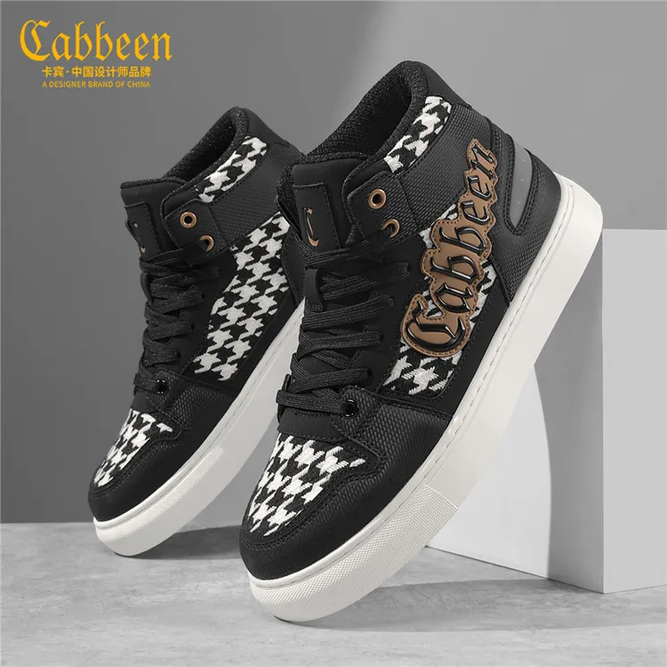 卡宾男鞋秋冬款高帮男士板鞋百搭解构拼接质感千鸟格品质休闲鞋子