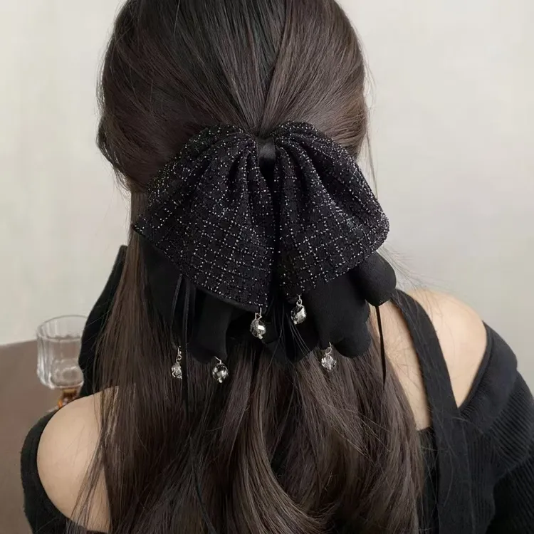 轻奢满钻蝴蝶结飘带抓夹马尾夹精致水晶吊坠显发量慵懒时尚头饰新