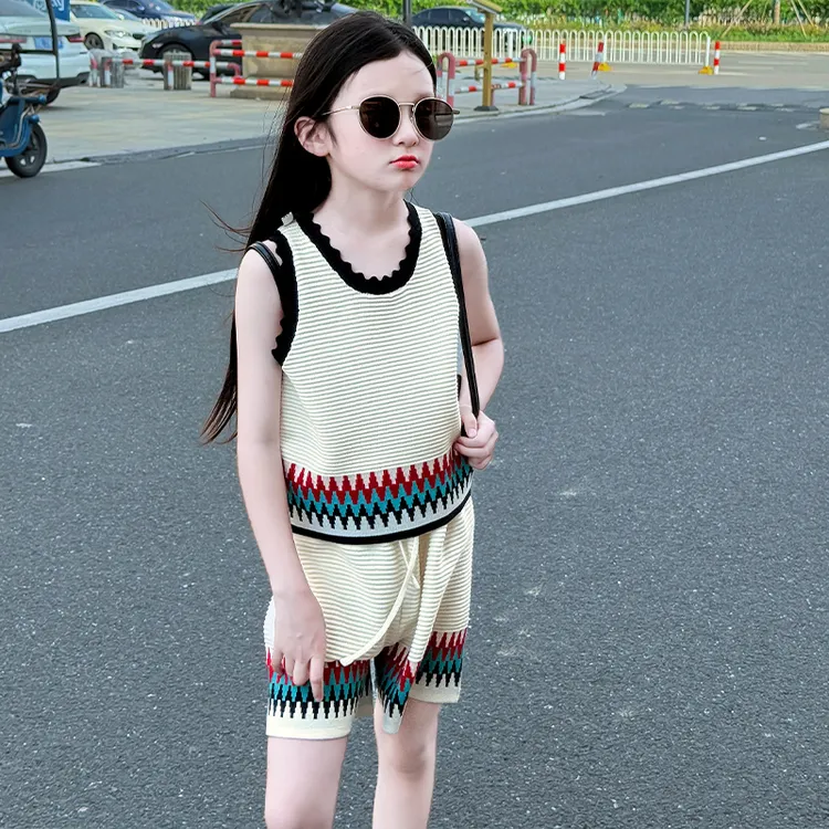 女童夏装2025新款中大童洋气宽松冰丝薄款韩系彩虹撞色提花套装潮