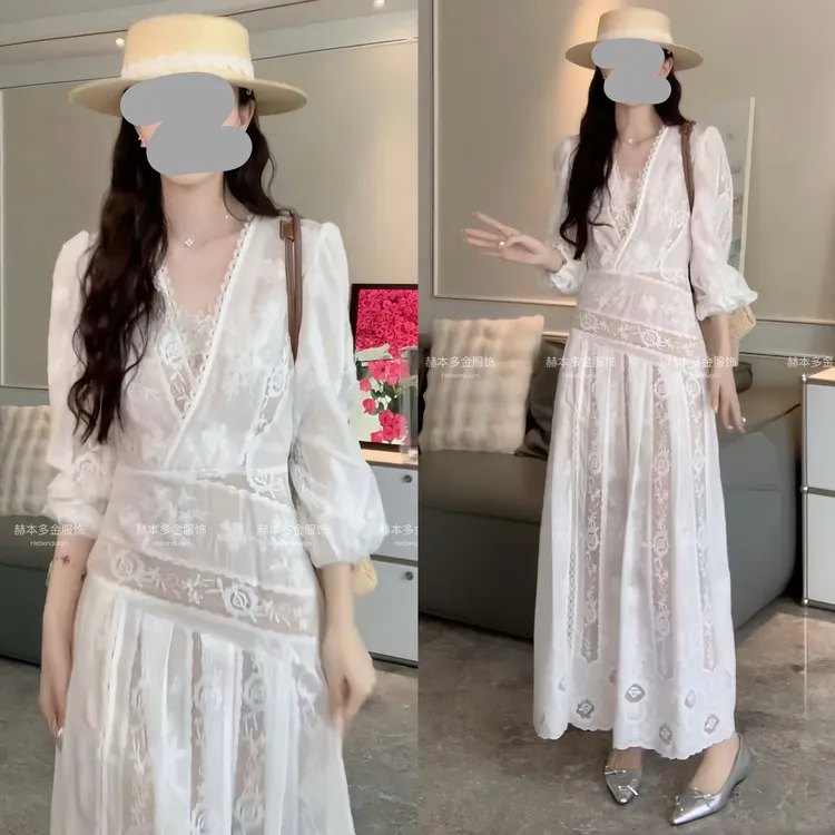 度假出游服装女2025夏气质轻奢防晒长袖蕾丝连衣裙吊带裙气质套装