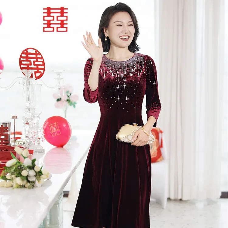 奢妍莼醋酸金丝绒显气质喜婆婆妈妈装礼服婚礼婚宴秋冬高贵
