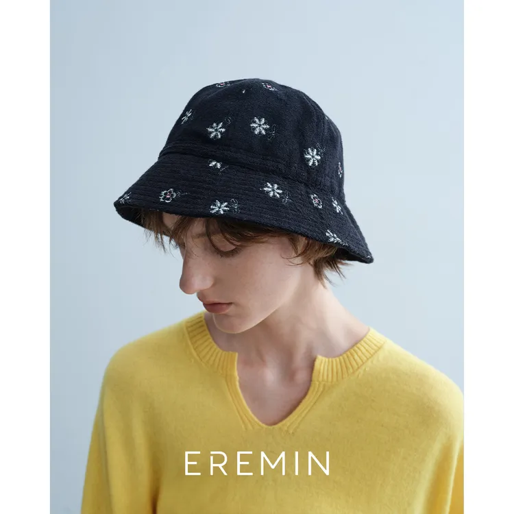 Min 日系花朵刺绣绒毛渔夫帽小众绣花盆帽55730