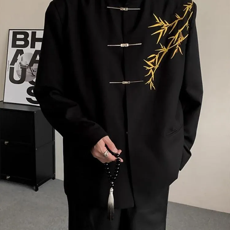 范哲萨新中式男士订婚衣服套装国风立领中山装金竹刺绣男孩成人礼