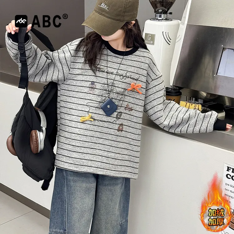 ABC女童加绒卫衣2025新款蝴蝶结条纹上衣女大童秋冬款宽松打底衫