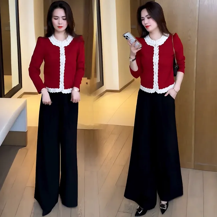 时尚套装女2025春秋新款设计感蕾丝拼接长袖上衣休闲显瘦两件套潮