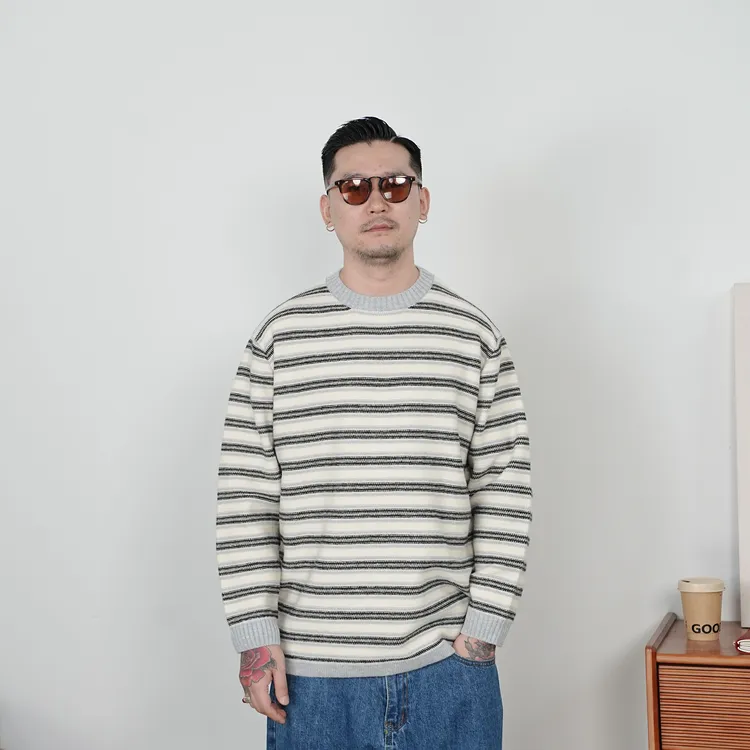 25FW秋冬经典简约条纹毛衣休闲复古长袖圆领情侣针织衫cityboy