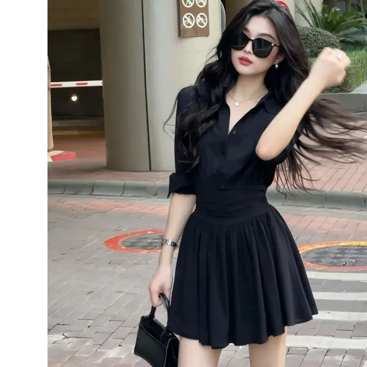 【WEIYI】初秋极简风掐腰长袖衬衫连衣裙