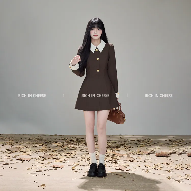RICHINCHEESE 韩系浪漫 千金风假两件撞色设计气质简约收腰连衣裙