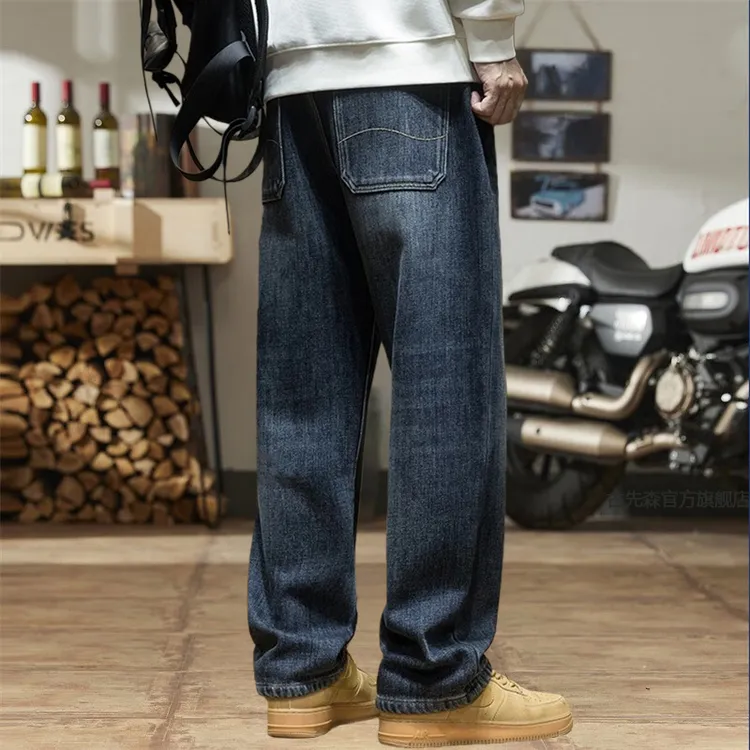 2025秋冬新款直筒牛仔裤男士高端潮牌宽松大码加绒加厚休闲长裤子